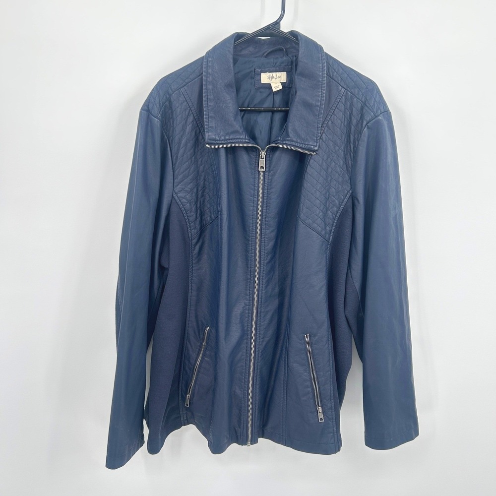 Style & Co Faux Leather Moto Jacket 4X Stretch Panels Navy Blue Edgy Biker Chic